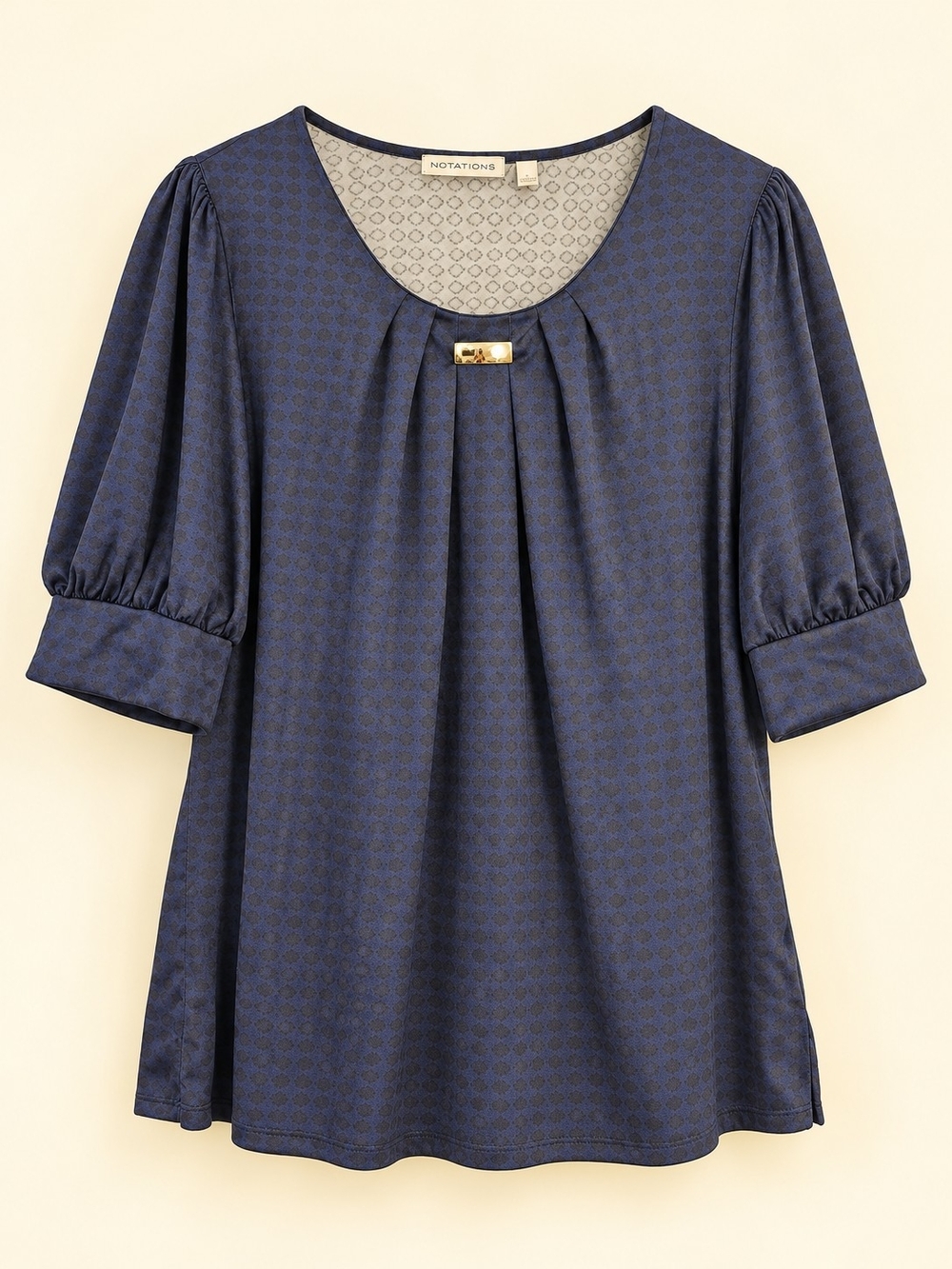 Notations Navy Patterned Blouse Puff Sleeves Gold Bar Accent Size L